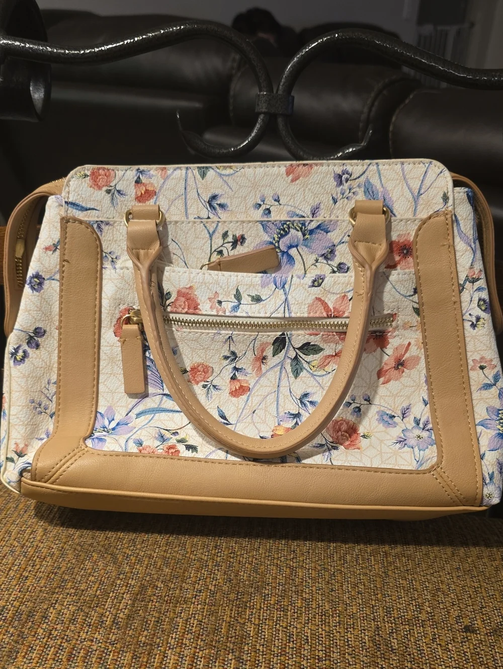 Floral Print Satchel Bag with Tan Trim